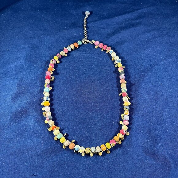 Handcrafted Multicolor Fabric Bead Necklace With Brass Disc Accents & Adjustable - Picture 1 of 2